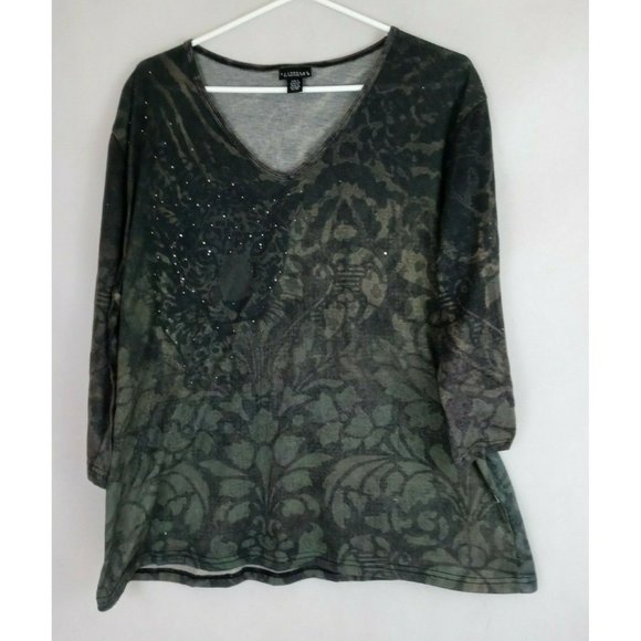 Trilllogy by Morning Sun Green Beaded Floral Leopard Design Shirt Size XL - Picture 1 of 6